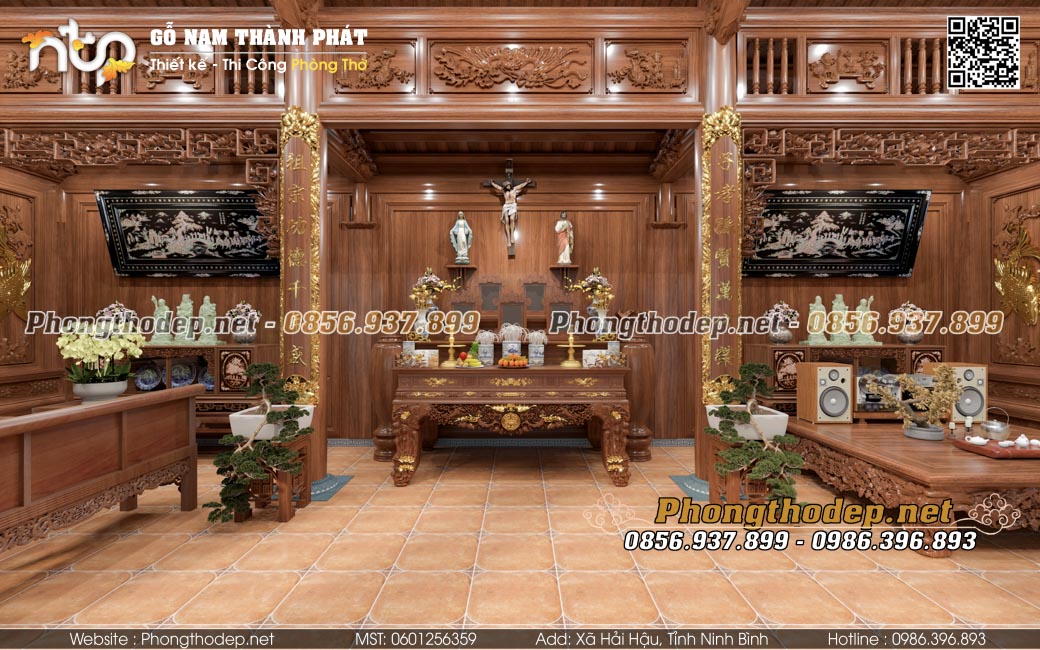 Nội thất nhà gỗ 3 gian thờ công giáo